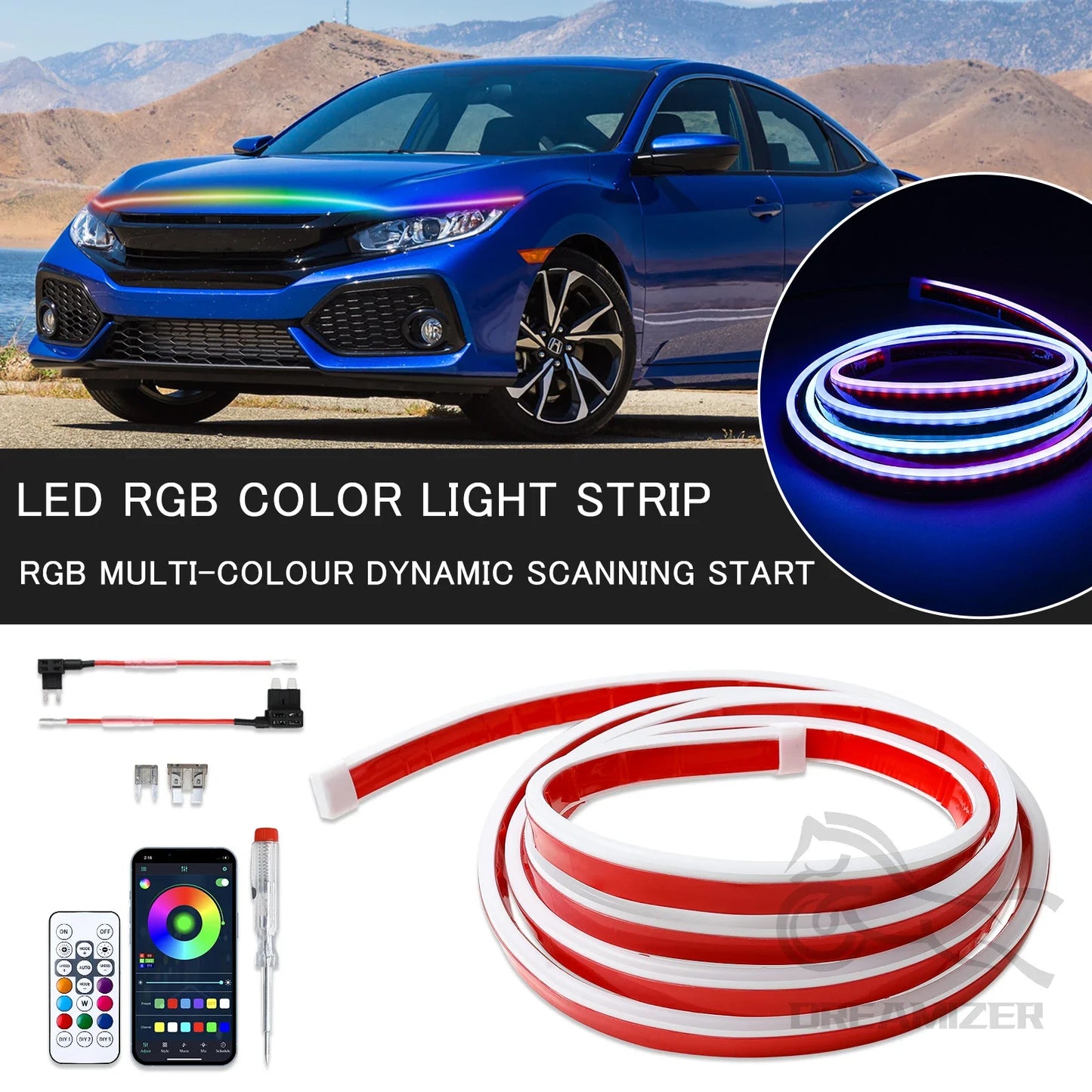 12V LED Car Hood Atmosphere Light Strip Waterproof Exterior