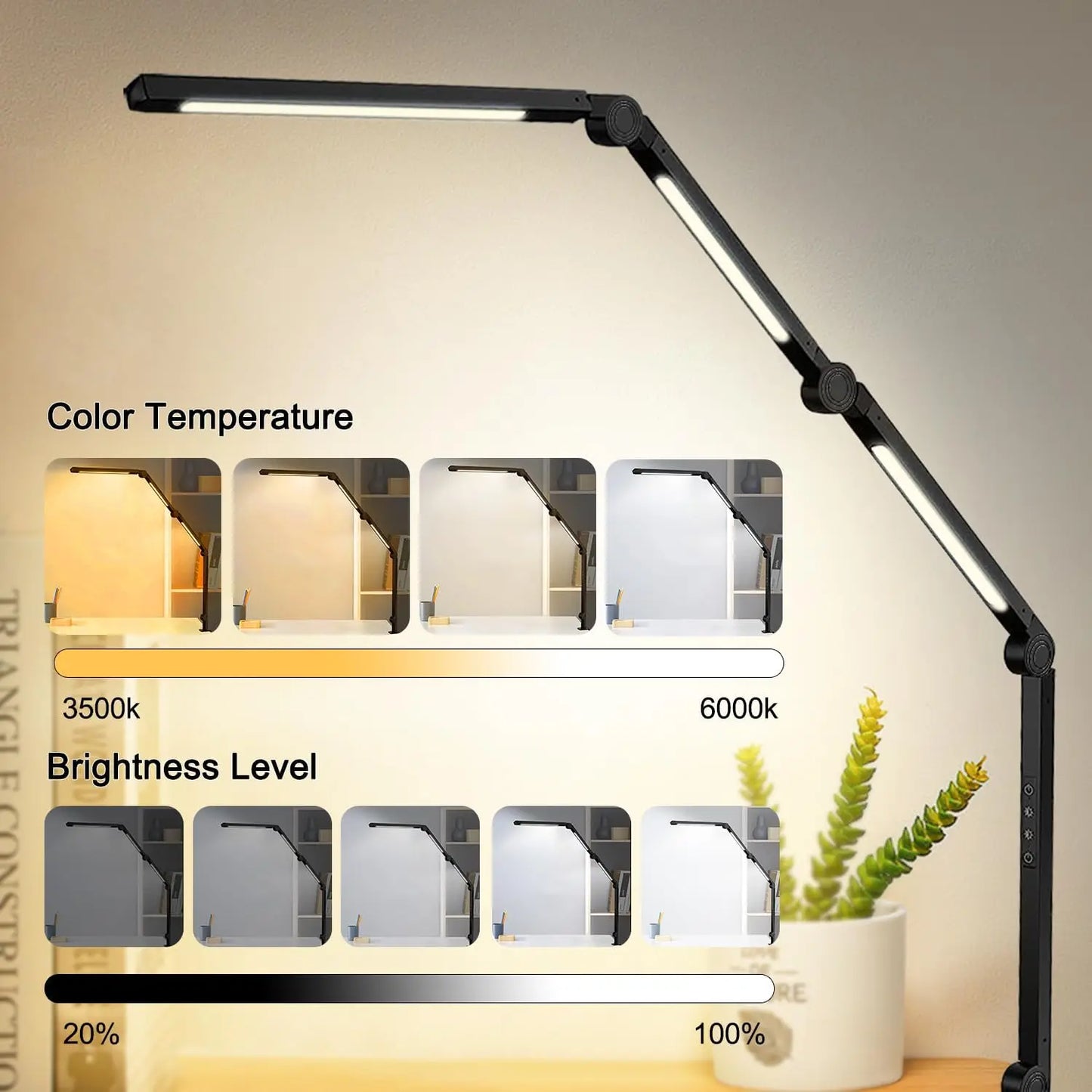 LED Desk Lamp With Clamp Flexible Swing Arm Four Color Modes And Five Brightness Levels