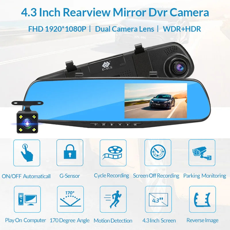 E Ace Dash Cam Four Point Three Inch DVR Mirror Dual Lens