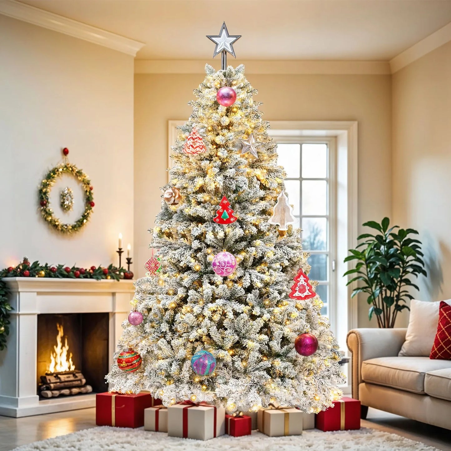 Prelit Snow Flocked Artificial Full Christmas Tree With Remote Control For Indoor Use