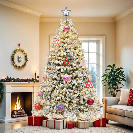 Prelit Snow Flocked Artificial Full Christmas Tree With Remote Control For Indoor Use