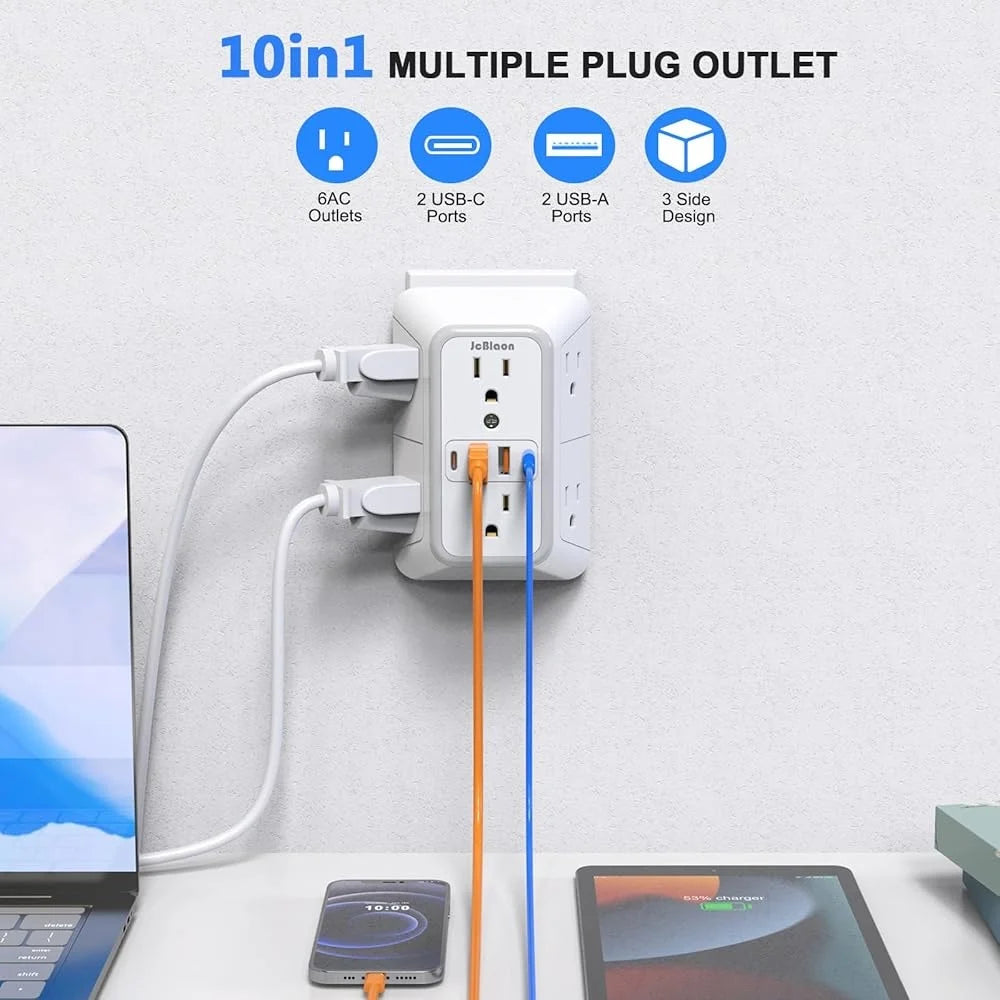 6 Outlet Surge Protector Wall Plug Extender With USB Ports