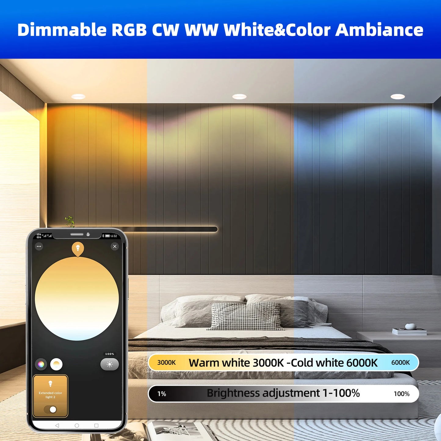 Smart Zigbee 3.0 LED Downlight 4 Inch RGB CW WW Recessed