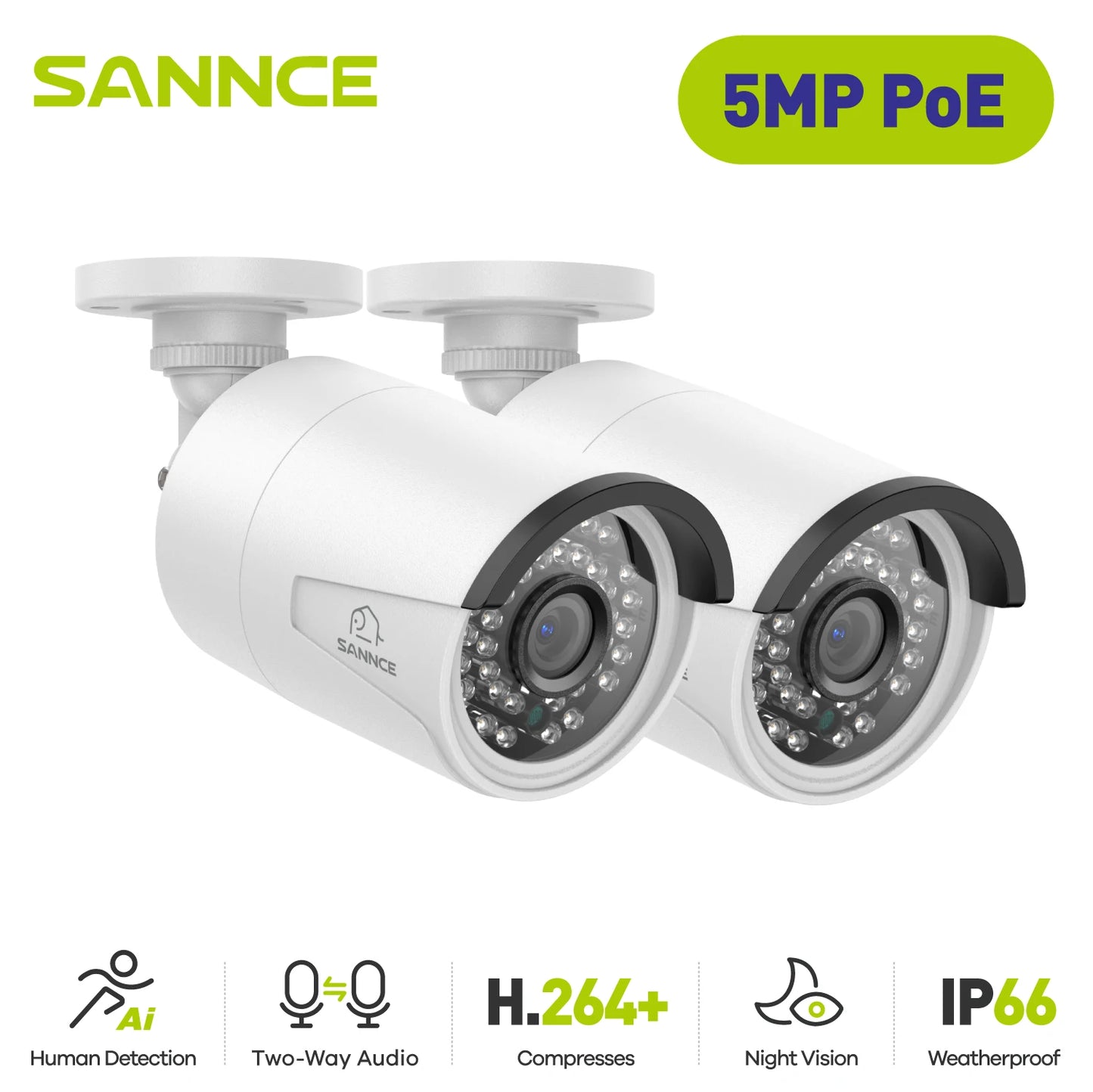 SANNCE 5MP POE Outdoor Weatherproof Bullet Camera Kit