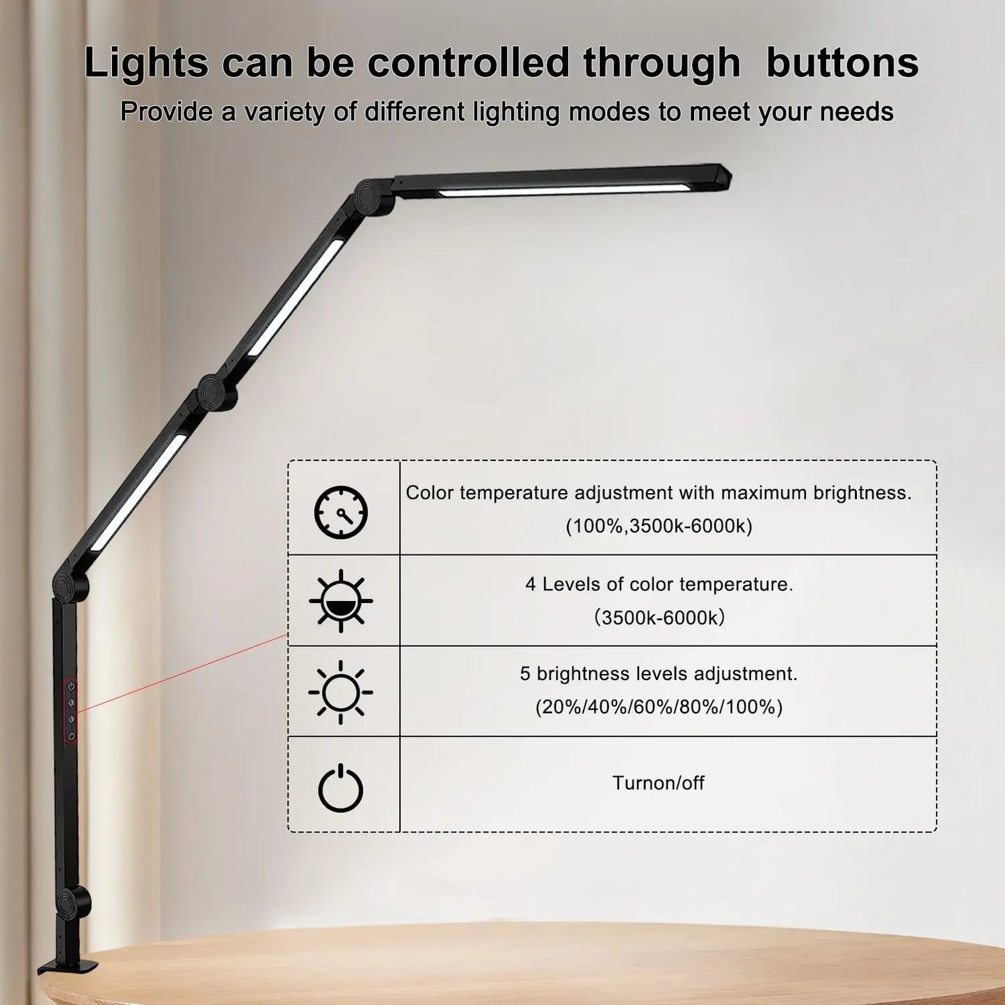 LED Desk Lamp With Clamp Flexible Swing Arm Four Color Modes And Five Brightness Levels