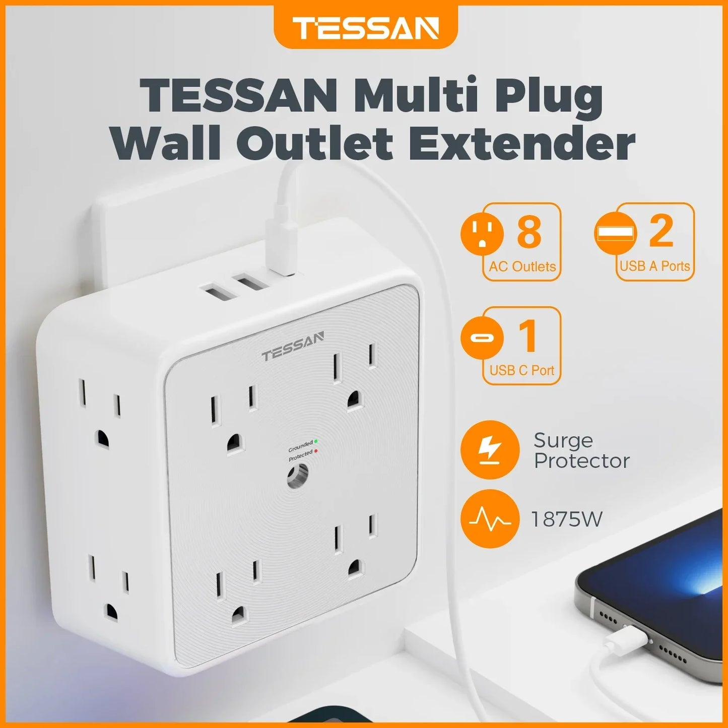 TESSAN Surge Protector Wall Strip with 8 AC Outlets 2 USB A and 1 USB C Surge Protector Multi Outlet Extender for Home Office