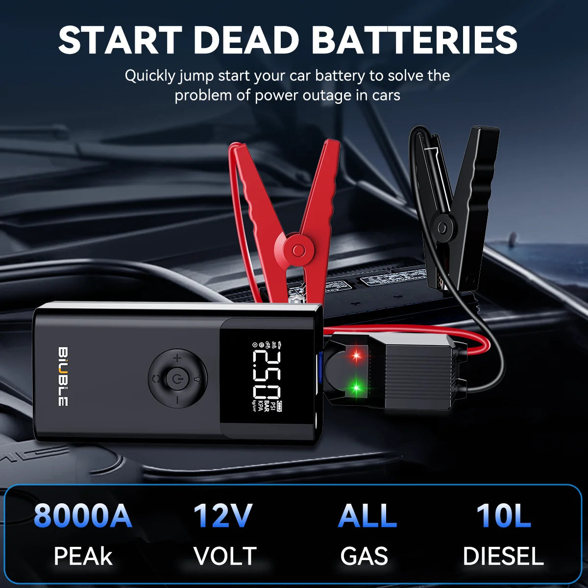 Biuble 8000A Jump Starter 26800mAh USB LED Light For Cars