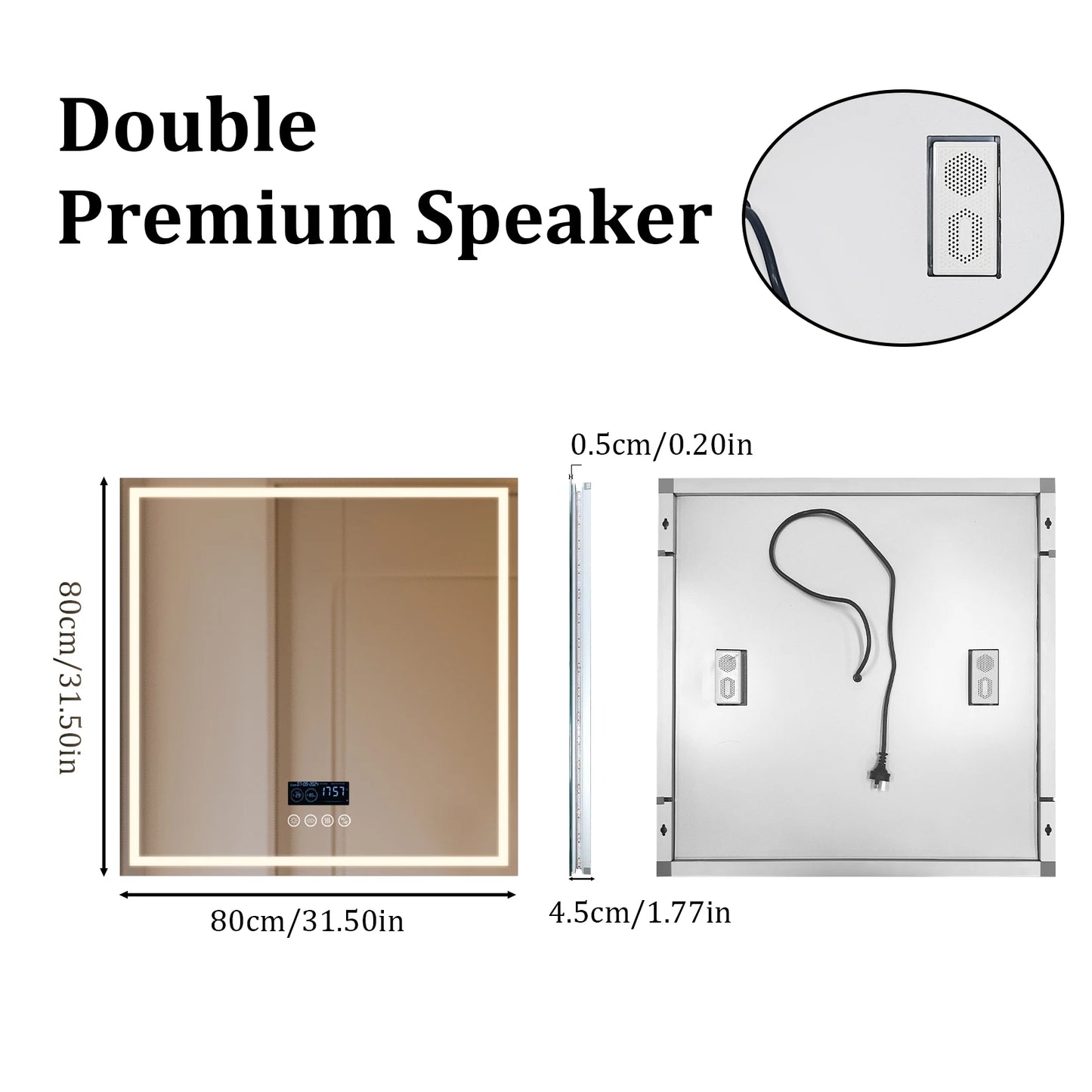 LED 800mm Square Mirror With Bluetooth Time Display