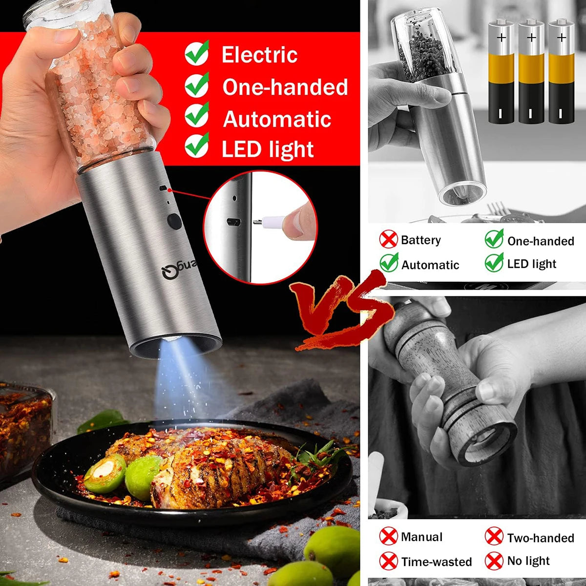 SaengQHign-concerned Gravity Electric Salt Pepper Mill USB