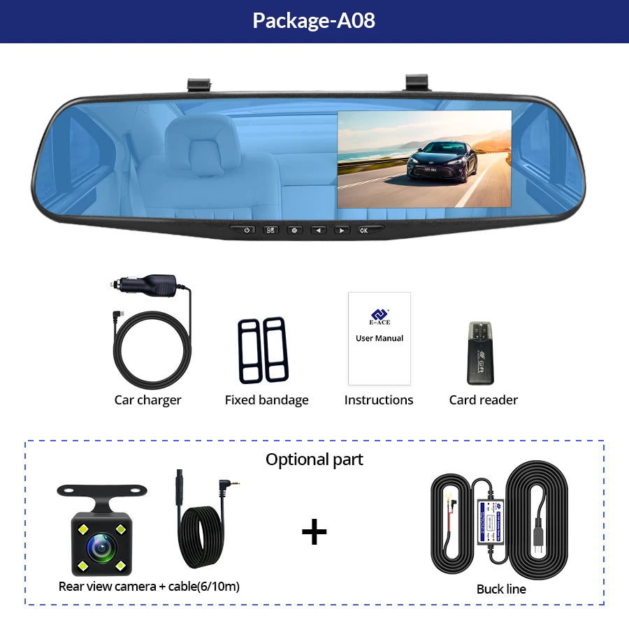 E Ace Dash Cam Four Point Three Inch DVR Mirror Dual Lens