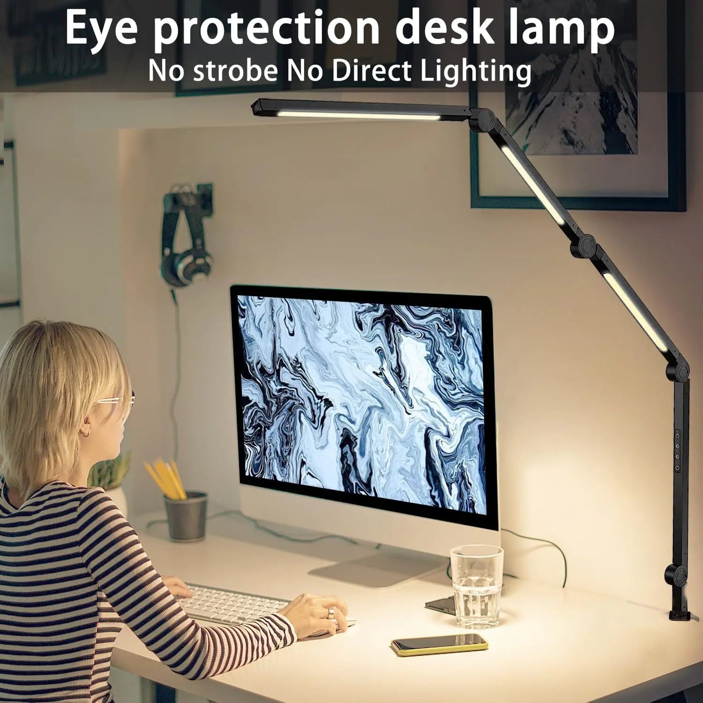 LED Desk Lamp With Clamp Flexible Swing Arm Four Color Modes And Five Brightness Levels