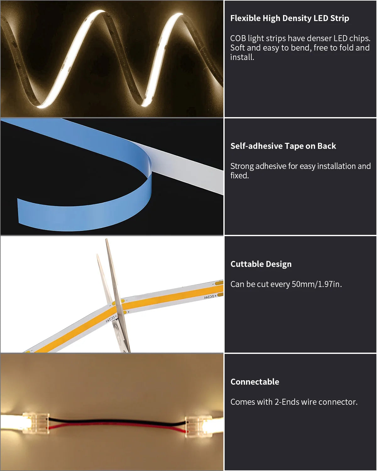 COB Led Strip Light 24V 3000K Dimmable RF Remote Kitchen