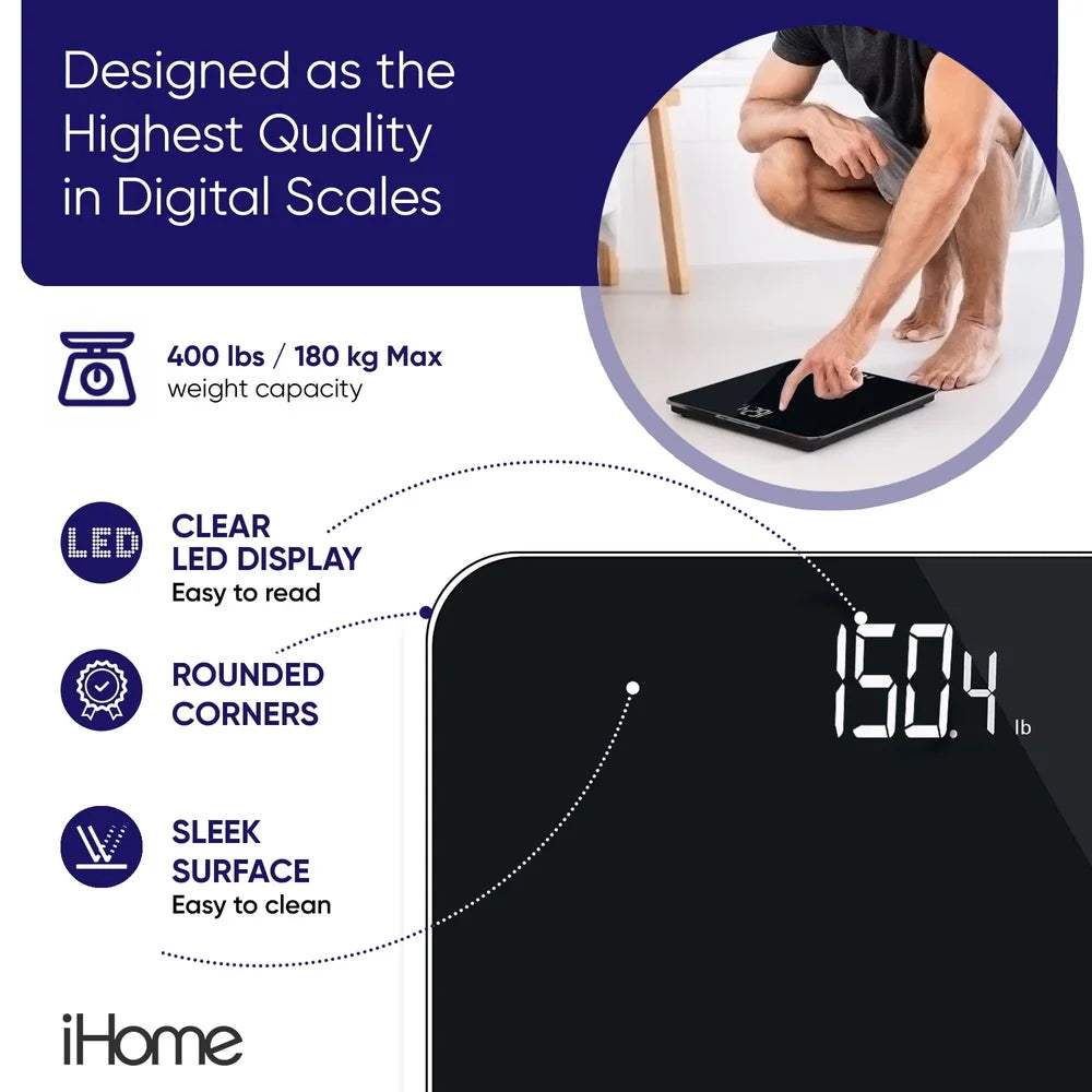 Digital Battery Powered Bathroom Scale Slim Glass 397lbs