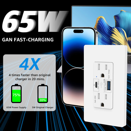 Extension PD3 65W Type C USB Charger Wall Outlet Plus