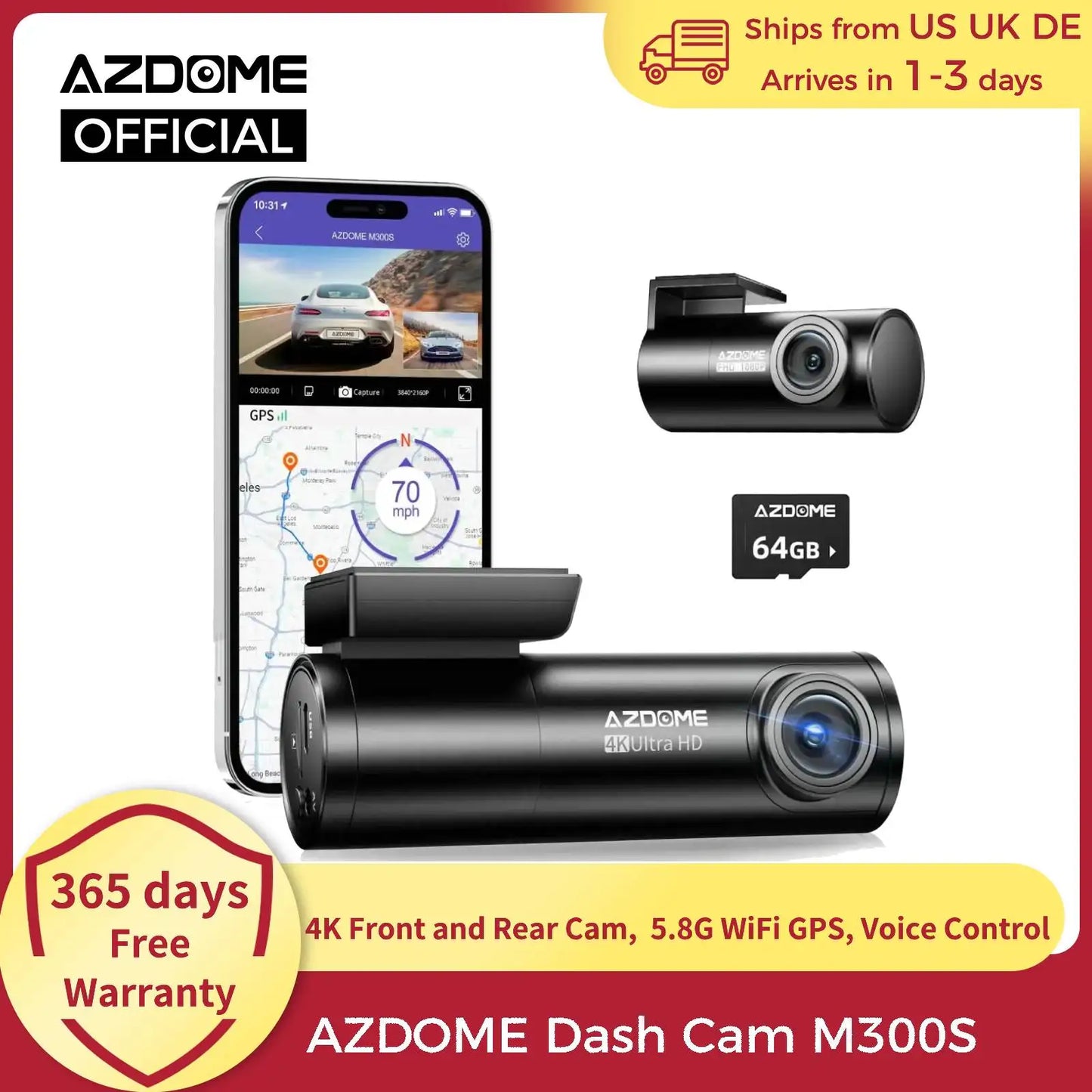 AZDOME M300S 4K Dash Cam Front And Rear WiFi GPS Free 64GB