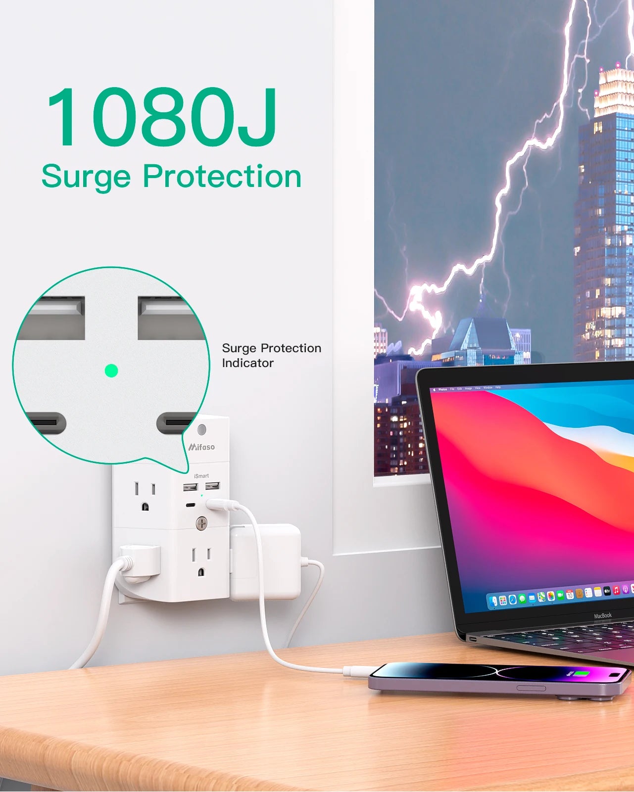 Mifaso Night Light Surge Protector 5 Outlet USB Charger