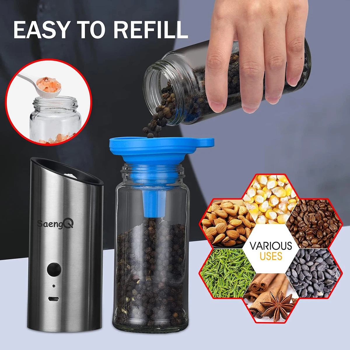 SaengQHign-concerned Gravity Electric Salt Pepper Mill USB