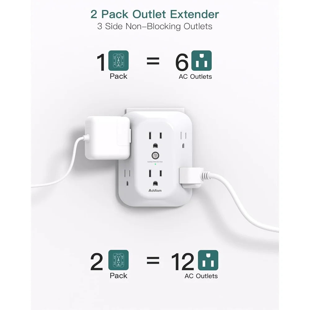 2 Pack 6 Outlet Surge Protector Wall Extender Power Splitter
