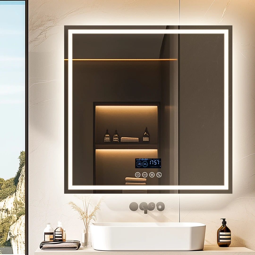 LED 800mm Square Mirror With Bluetooth Time Display
