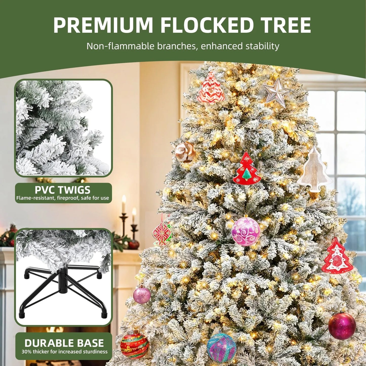 Prelit Snow Flocked Artificial Full Christmas Tree With Remote Control For Indoor Use