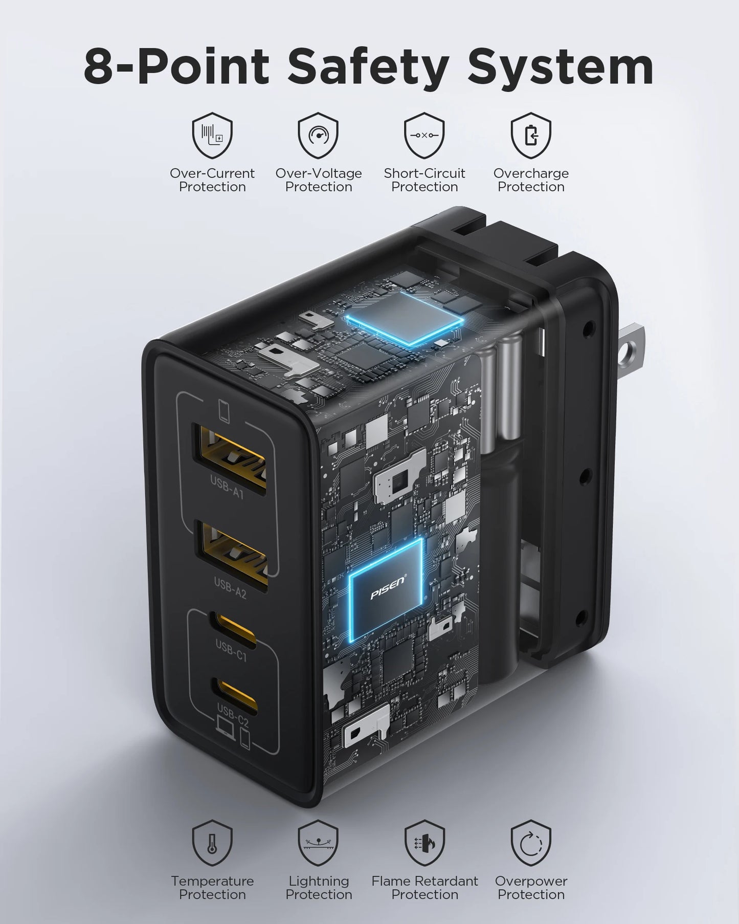 PISEN 65W 4 Port GaN Charger With 4ft USB C Cable Pro