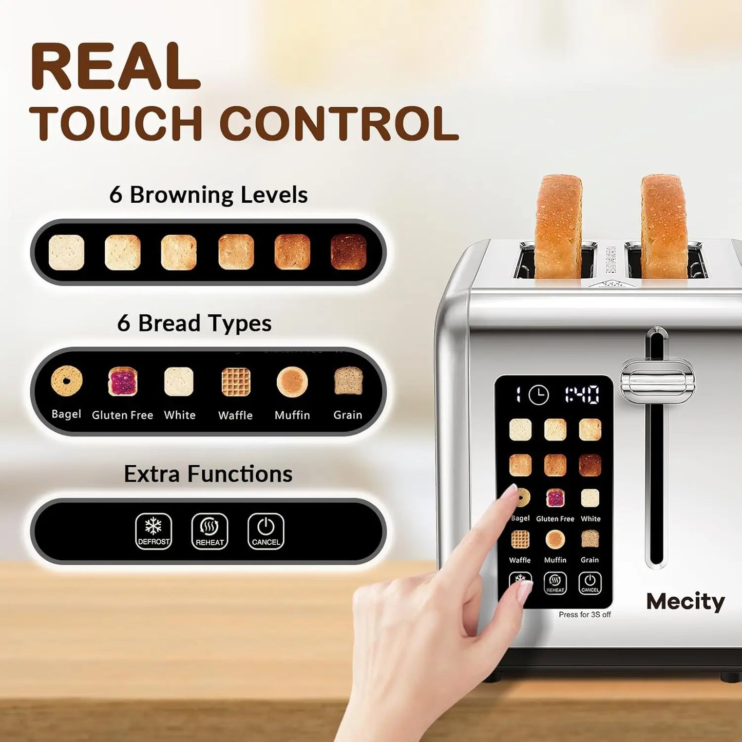 Iosn Stainless Steel Touch Screen Toaster With Timer Defrost