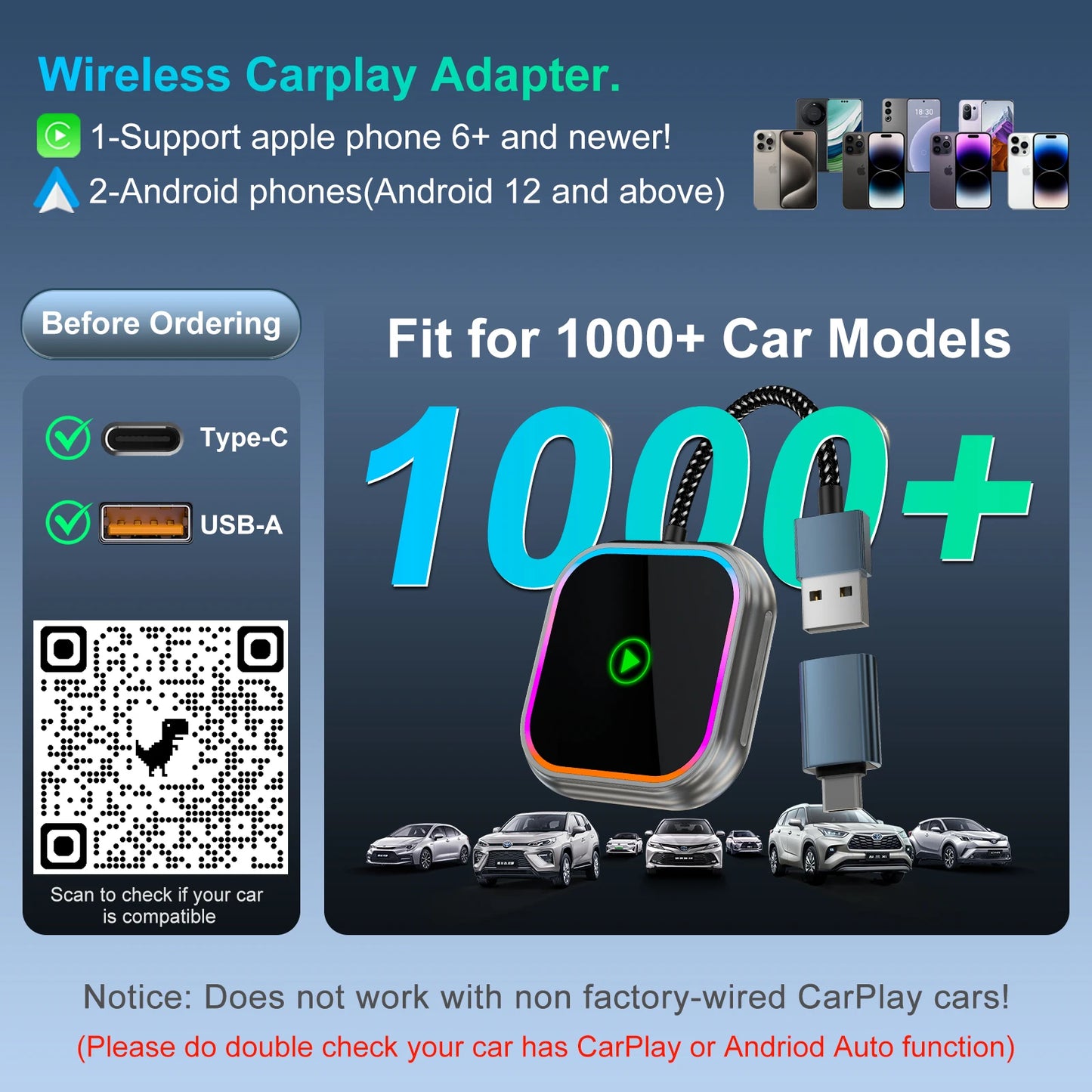 IPhone Wireless CarPlay Adapter Plug and Play Android Auto