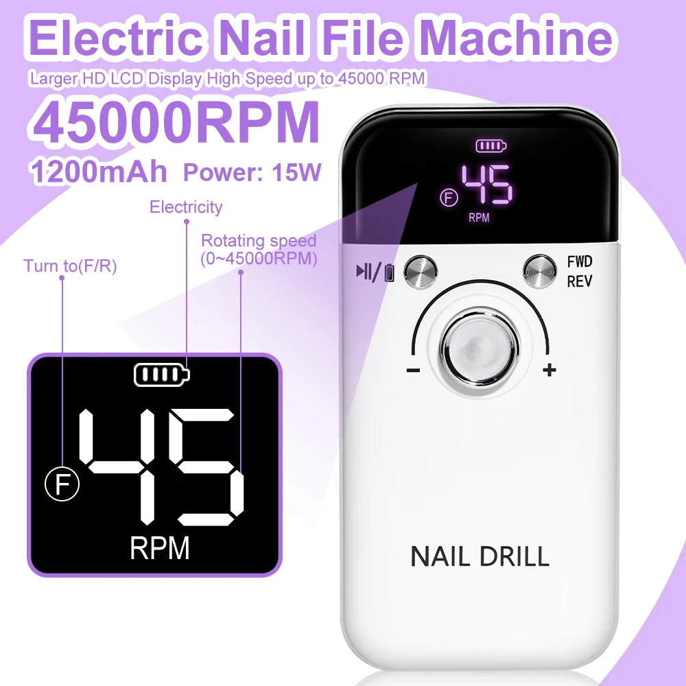 Hign-concerned Nail Drill 45000 RPM Rechargeable Electric File For Acrylic