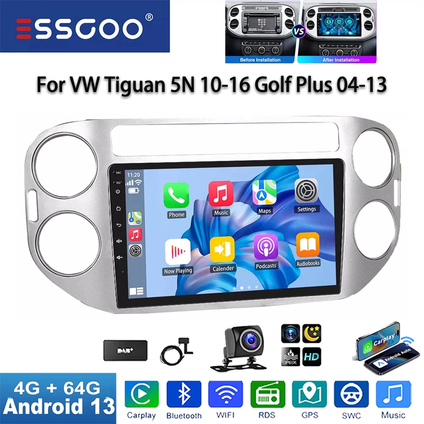 ESSGOO VW Tiguan GolfPlus 9 Inch CarPlay Android 13 Stereo