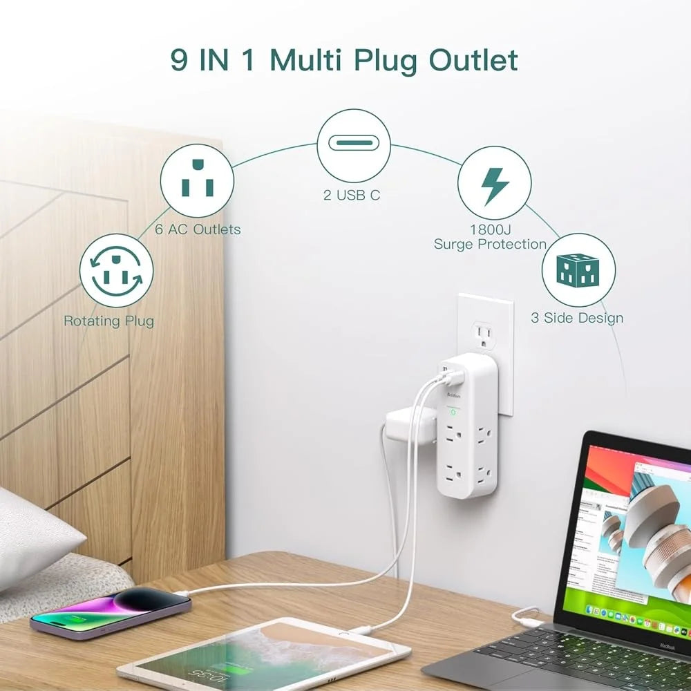 Surge Protector Wall Outlet Extender 6 Outlets 3 USB Ports