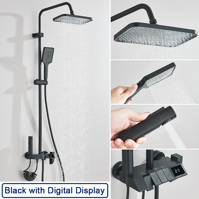 Rozin Black Digital Display Shower Faucet Set Piano Style