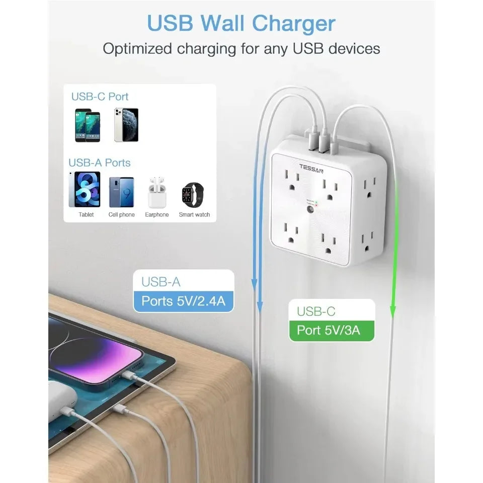 TESSAN Surge Protector Wall Strip with 8 AC Outlets 2 USB A and 1 USB C Surge Protector Multi Outlet Extender for Home Office