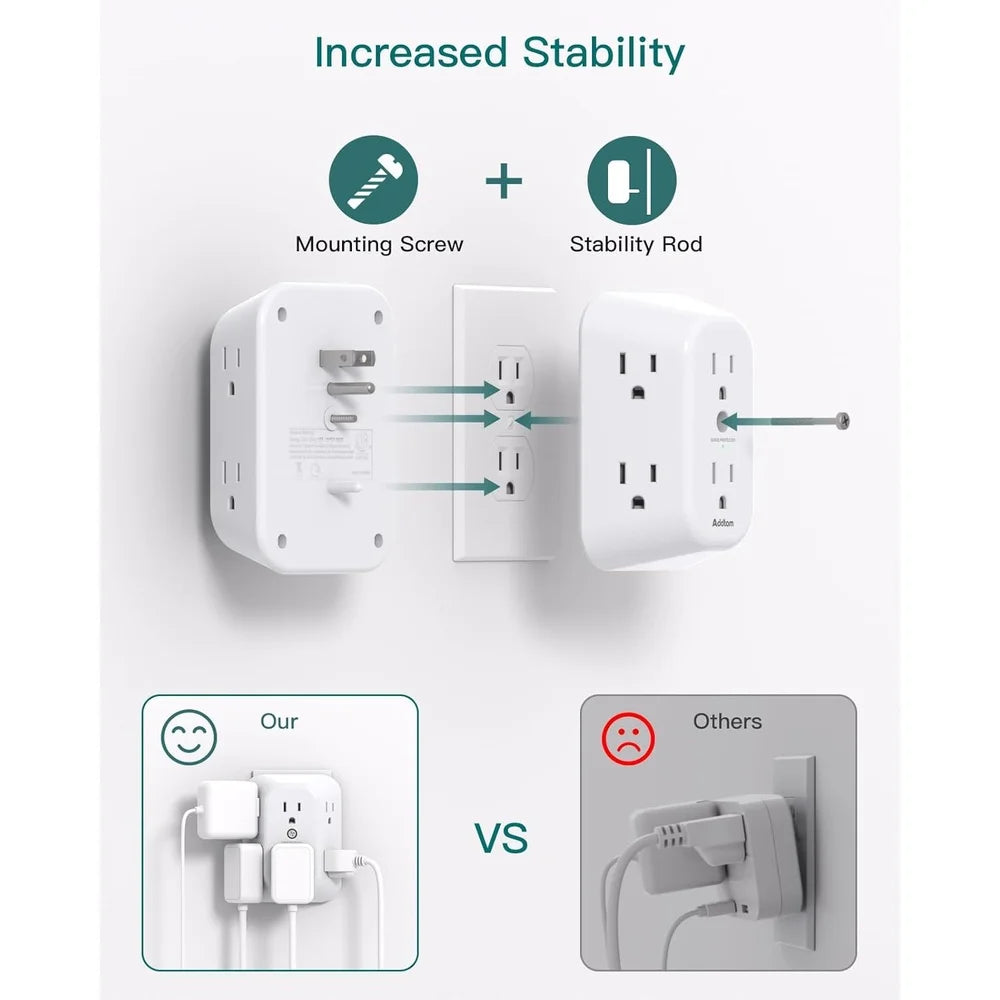 2 Pack 6 Outlet Surge Protector Wall Extender Power Splitter