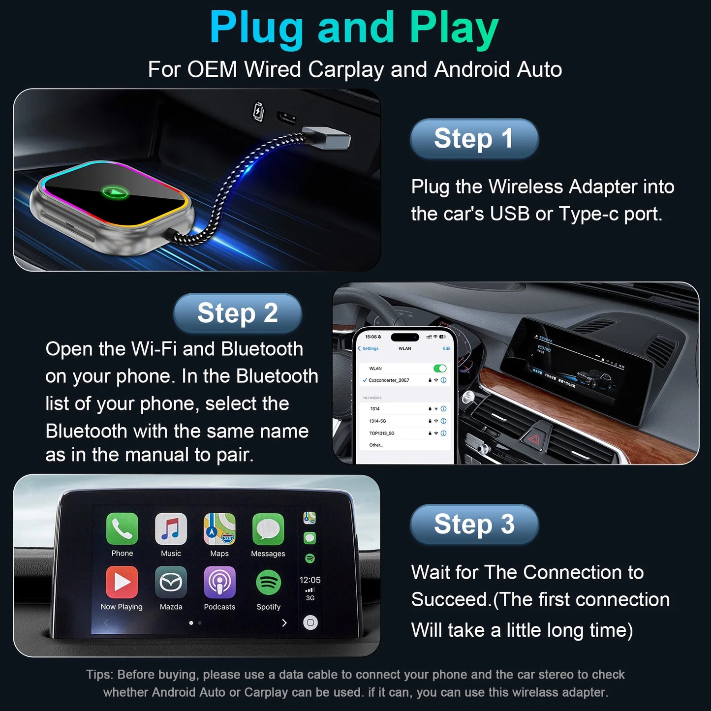 IPhone Wireless CarPlay Adapter Plug and Play Android Auto