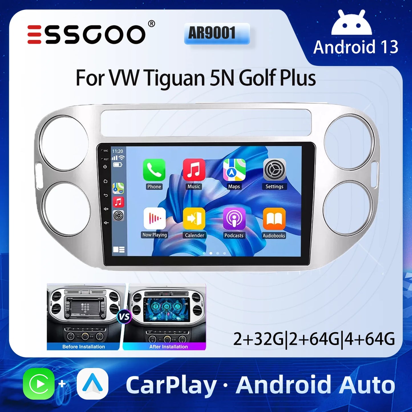 ESSGOO VW Tiguan GolfPlus 9 Inch CarPlay Android 13 Stereo