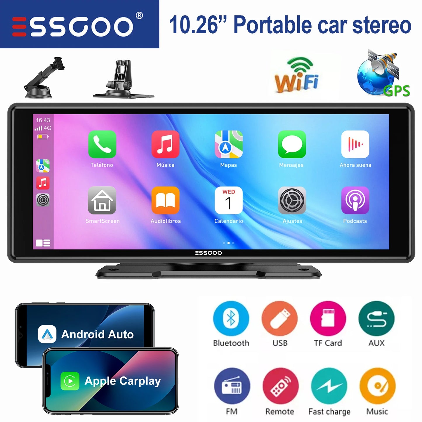 ESSGOO Universal Car Stereo Bluetooth CarPlay Android Auto