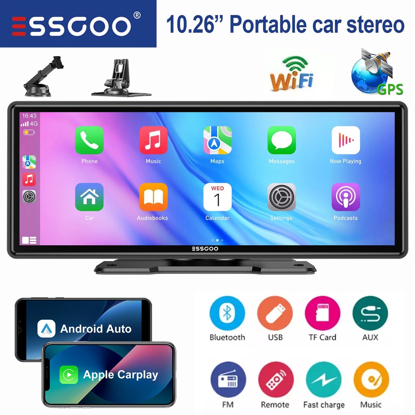 ESSGOO Universal Car Stereo Bluetooth CarPlay Android Auto