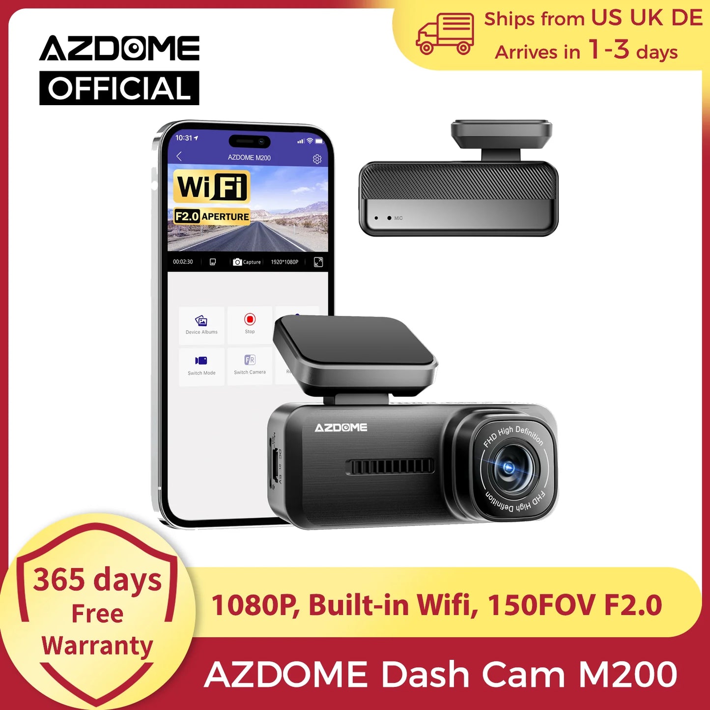 AZDOME M200 Dash Cam 1080P Built In WiFi App Control