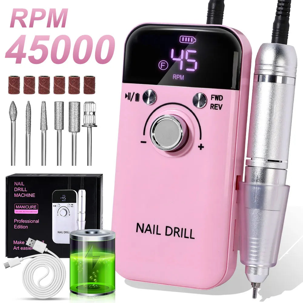 Hign-concerned Nail Drill 45000 RPM Rechargeable Electric File For Acrylic