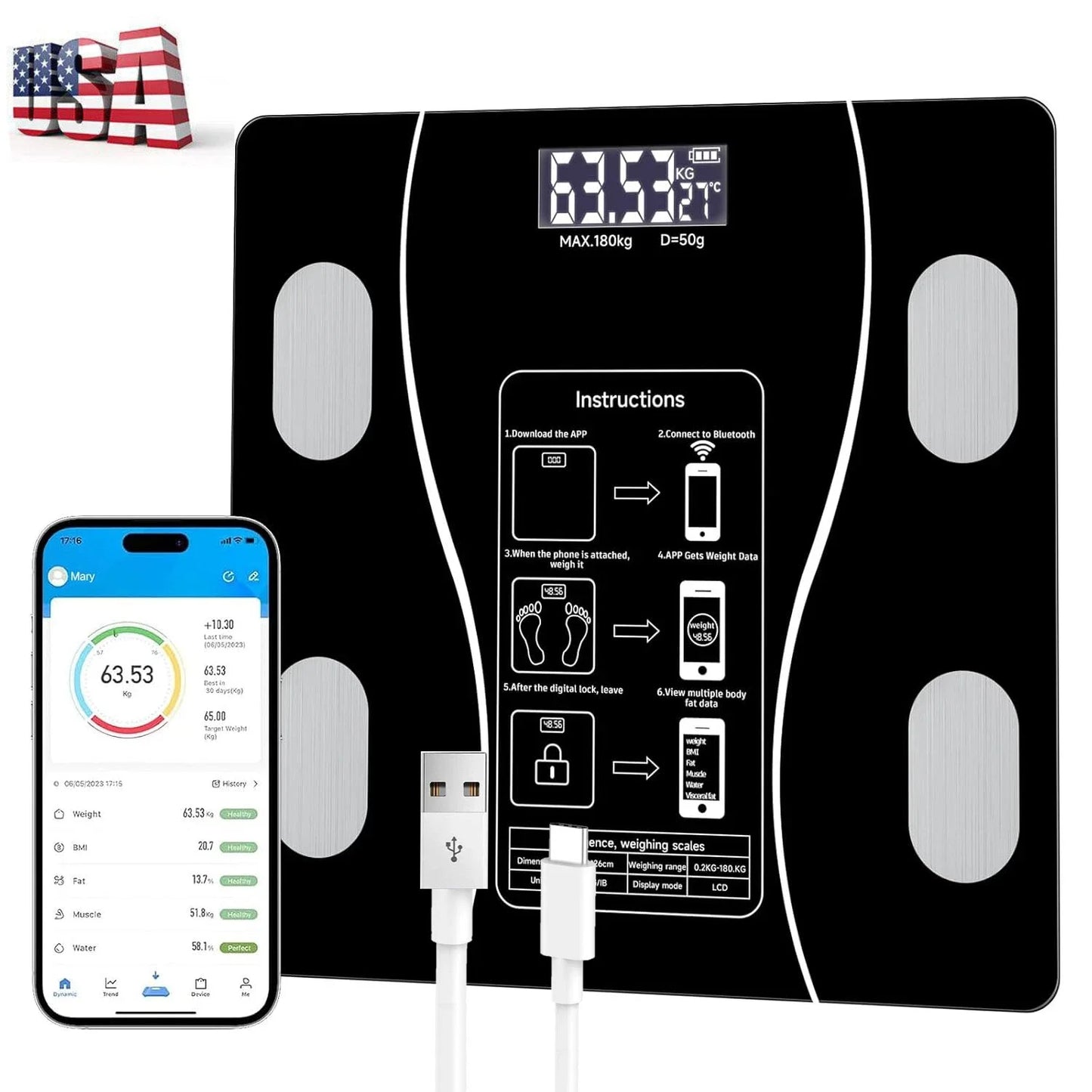 Rechargeable Body Fat Scale With Large Display And App