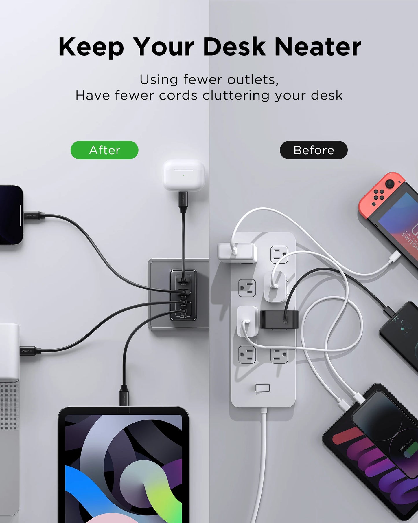 PISEN 65W 4 Port GaN Charger With 4ft USB C Cable Pro